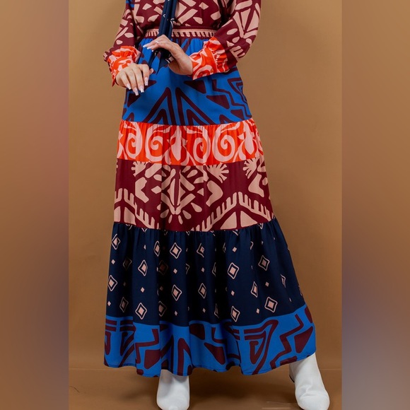 NWOT Bow Tie Blouse and Tiered Maxi Skirt Set in Multi Colors - Picture 7 of 8